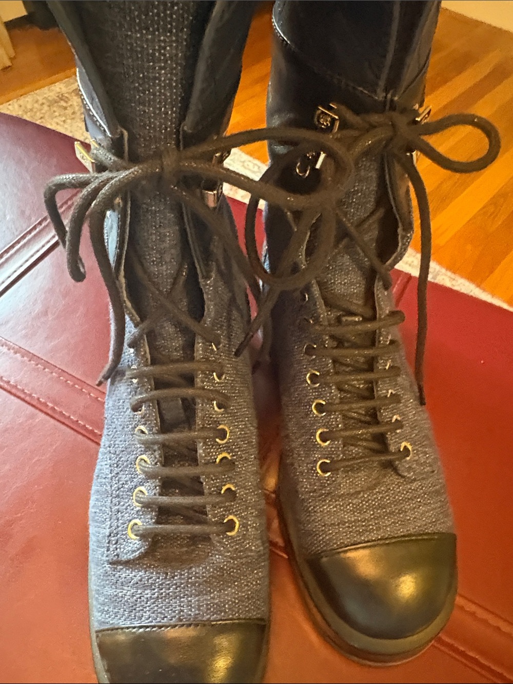 CHANEL Gray Knit Lace-Up Combat Boots with Black Toe Caps